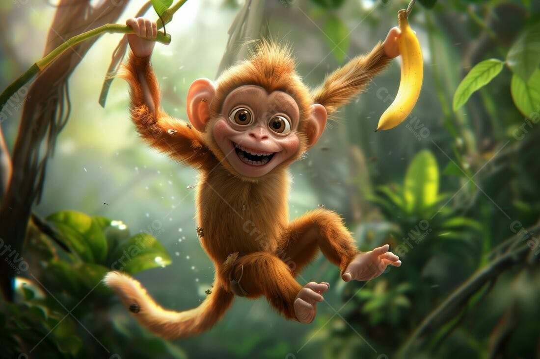 Macaco feliz com banana na selva