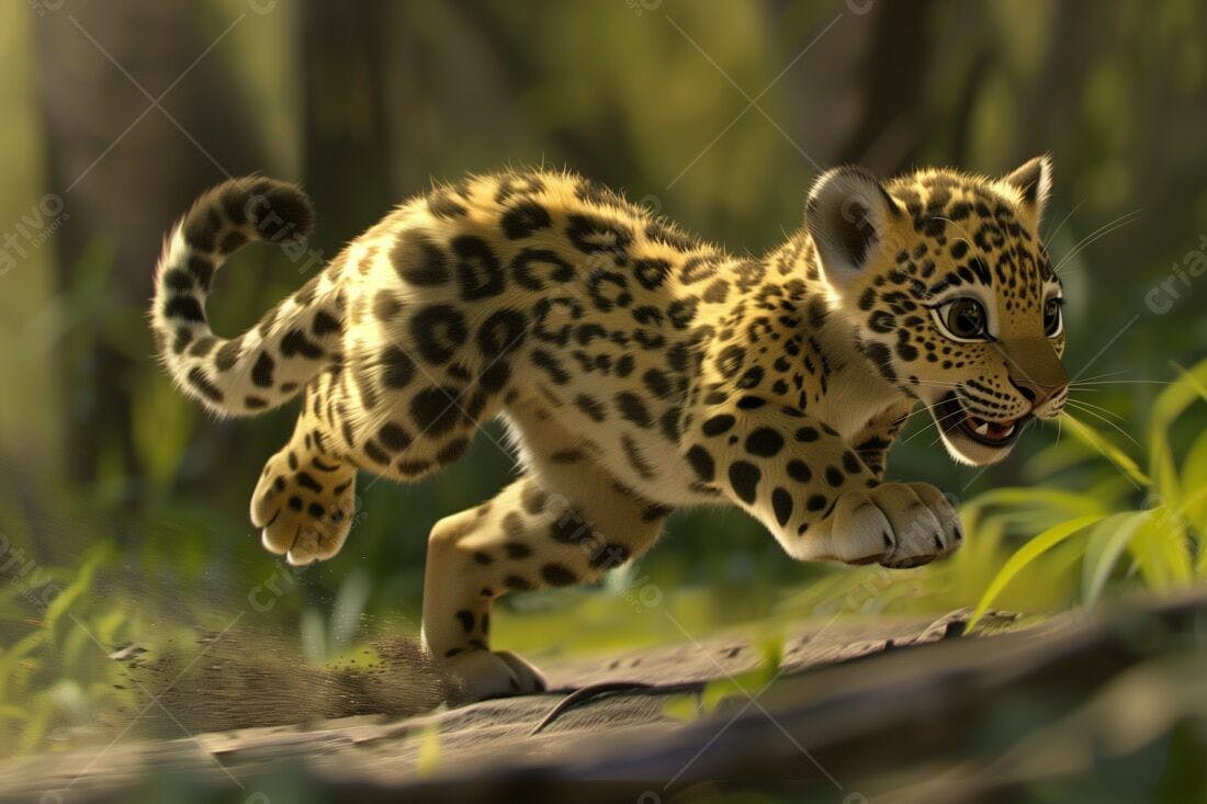 Bebê Jaguar correndo na floresta