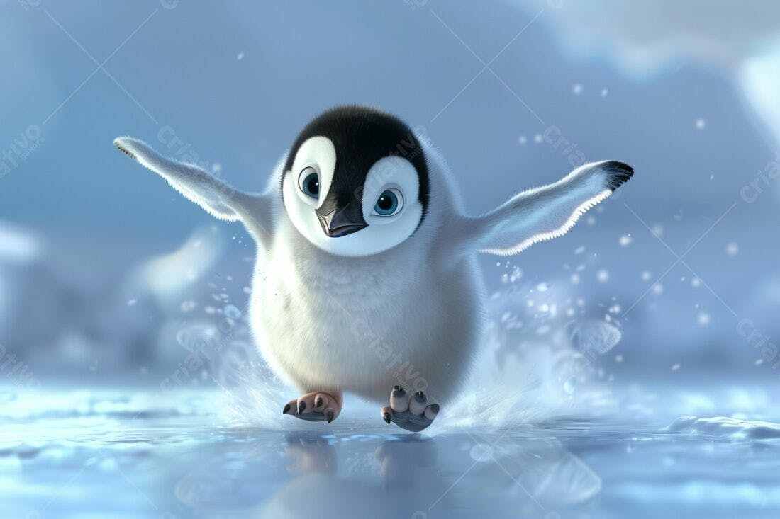 Pinguim bebê correndo na água gelada