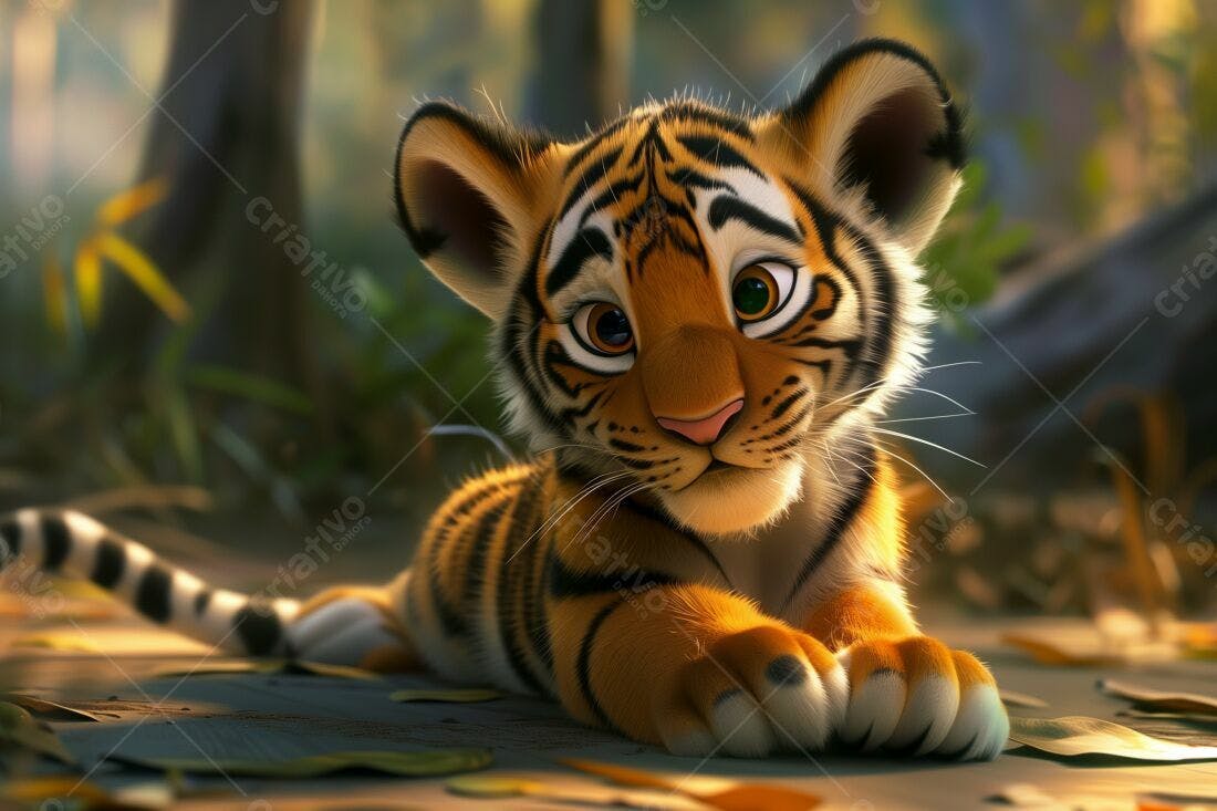 Tigre Bebê fofo na floresta ao entardecer