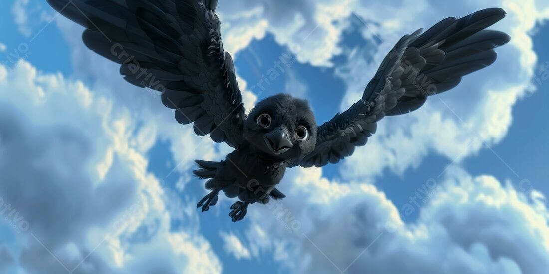 Corvo animado voando no céu azul