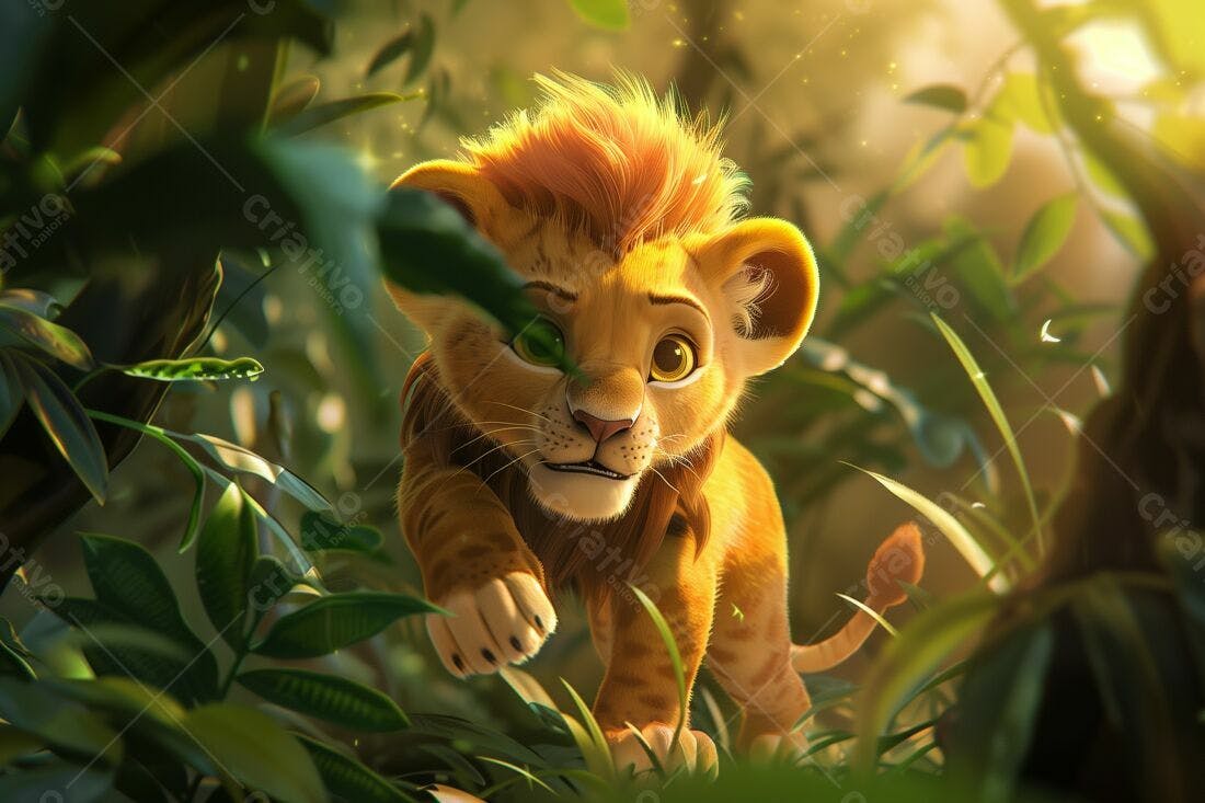 Leãozinho na selva ao amanhecer