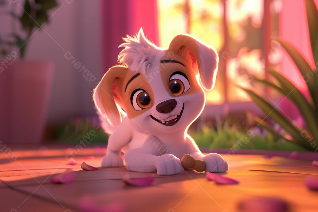 Cachorro animado fofo com biscoito ao entardecer