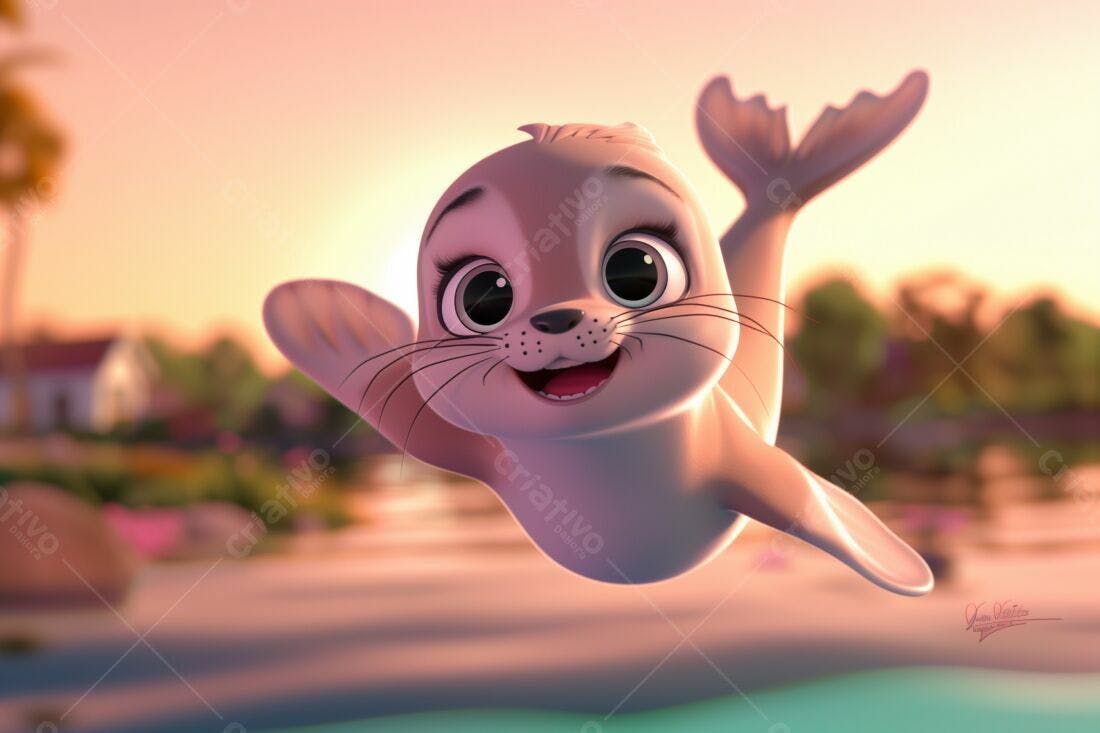 Foca Bebê nadando ao pôr do sol