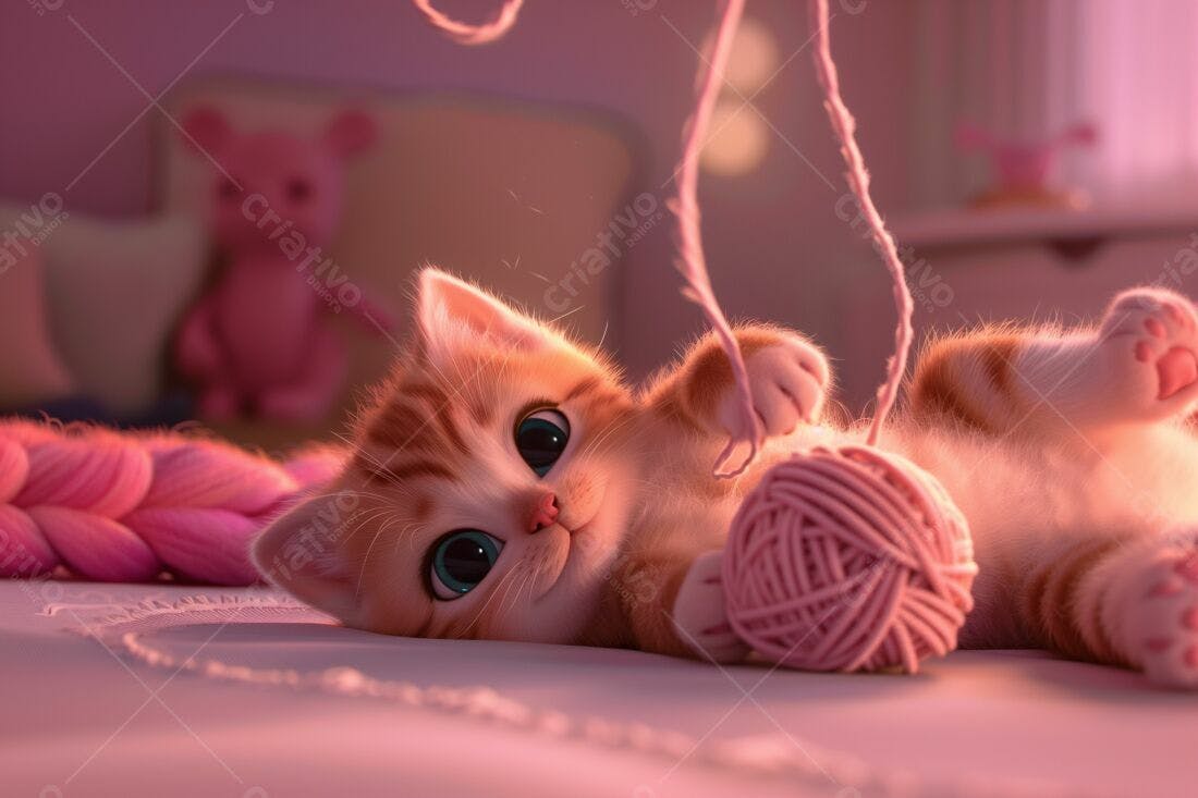 Gatinho brincando com novelo de lã rosa