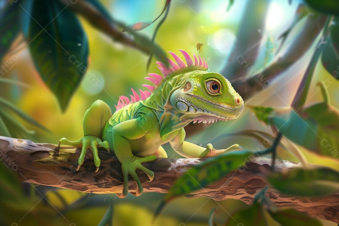 Iguana Verde em galho de árvore tropical