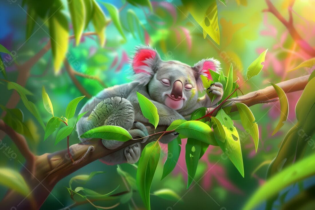 Koala dormindo em árvore com folhas verdes