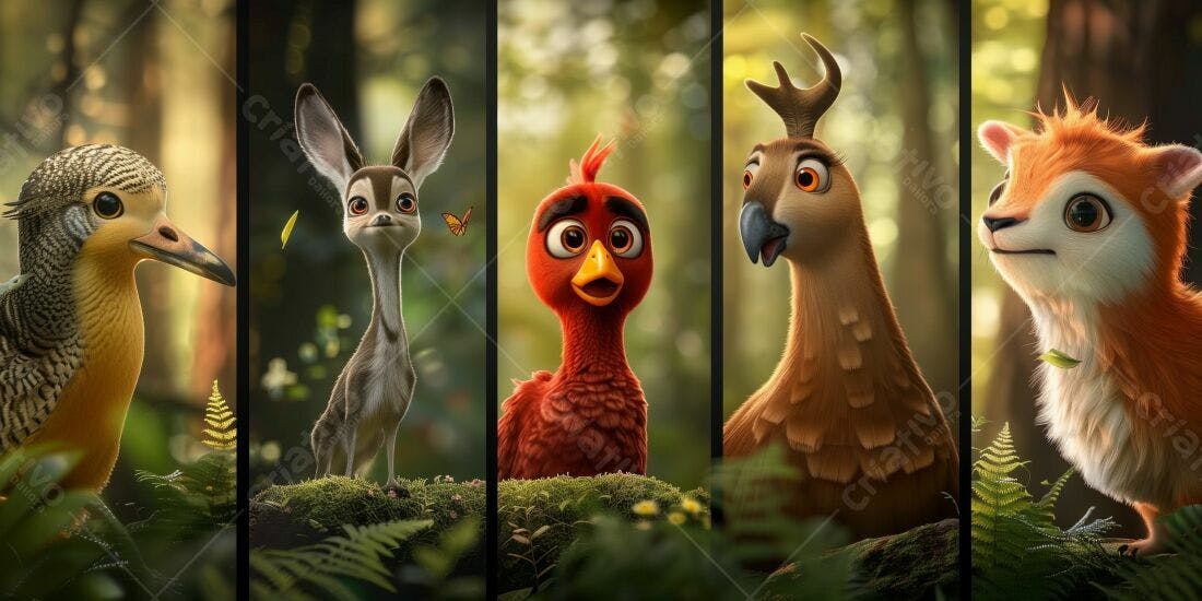 Animais fofos em floresta verde