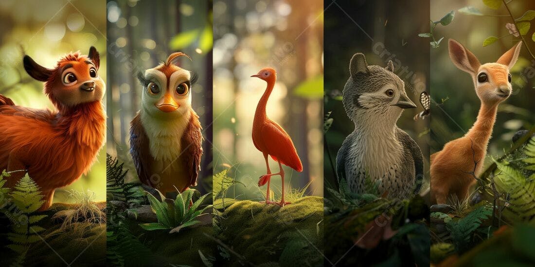 Animais fofos em floresta encantada