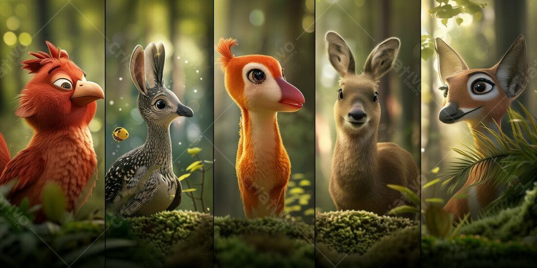Animais fofinhos em floresta mágica