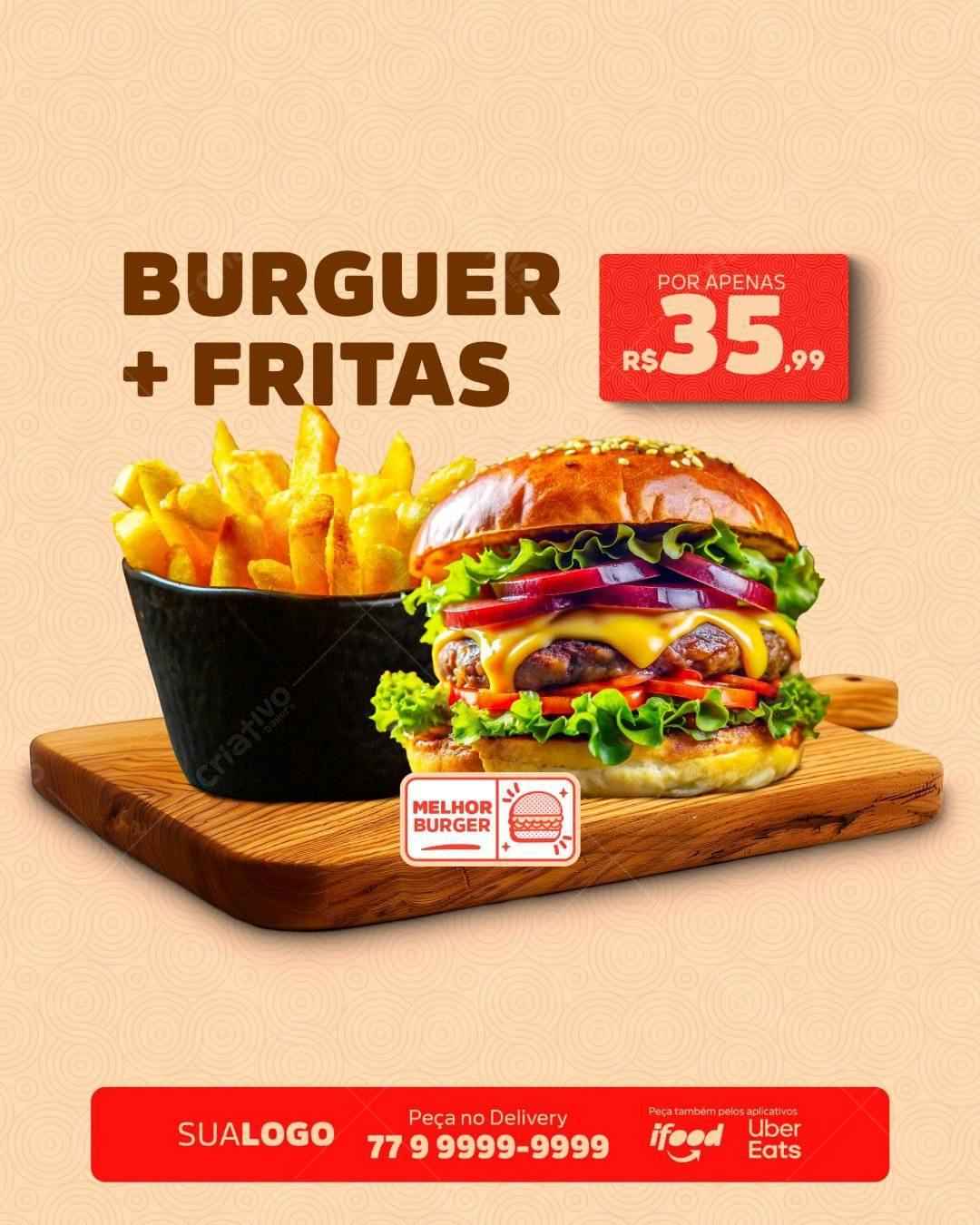 Postagem Instagram Promoção Burger e Fritas PSD Editável