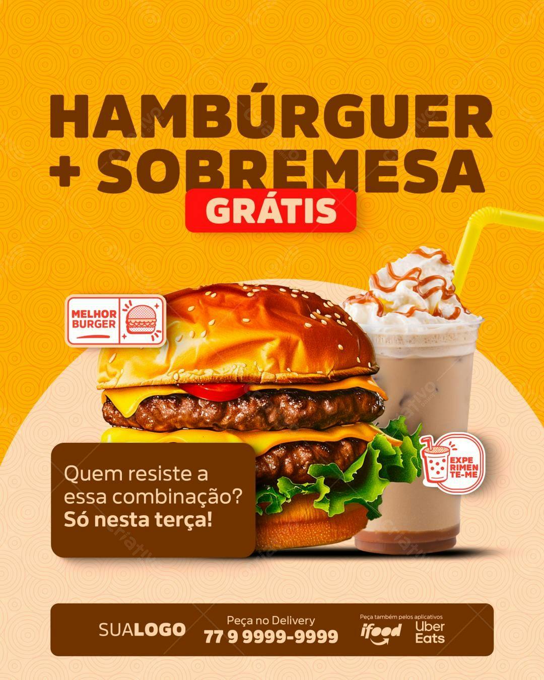 Flyer Promoção Hambúrguer + Sobremesa Grátis PSD Editável