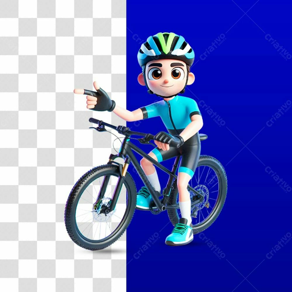 Mascote Ciclista 3D Feliz Apontando Psd Editável