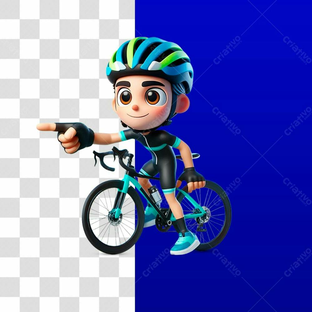 Mascote Ciclista 3D Feliz Apontando Com O Dedo Psd Editável