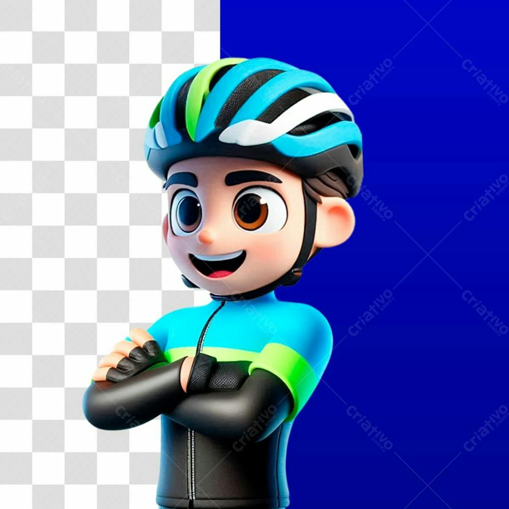 Mascote Ciclista 3D Feliz Braços Cruzado Psd Editável