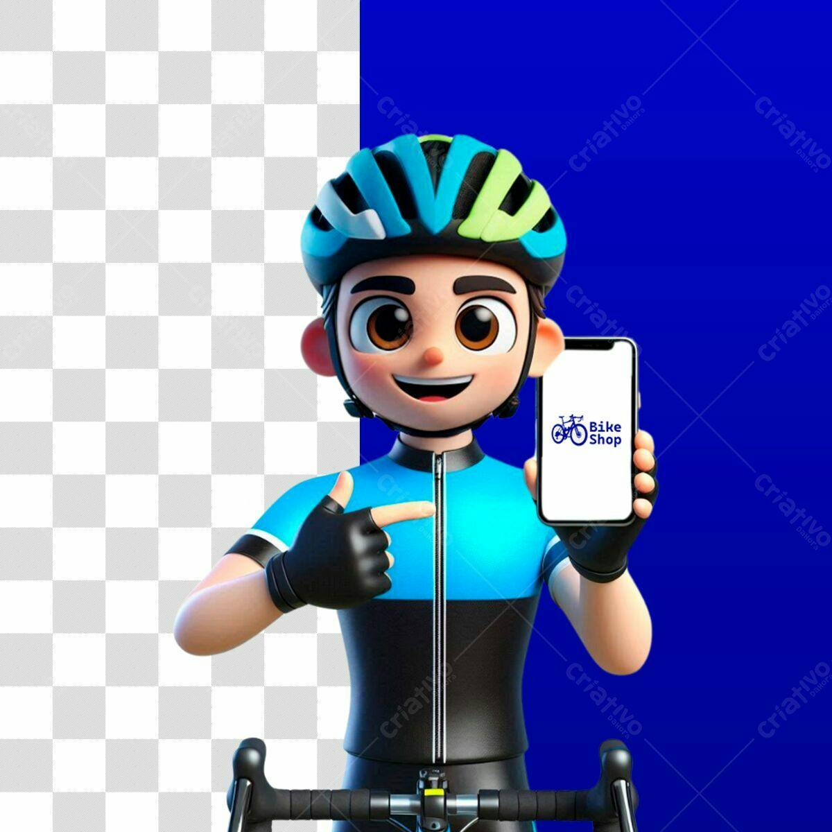 Personagem Cartoon Ciclista Apresentando App Bike Shop PSD Editável