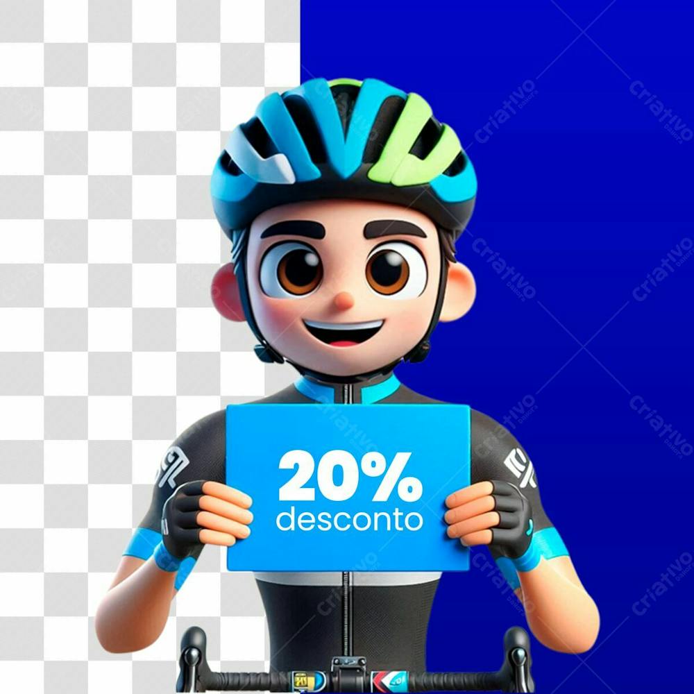 Mascote Ciclista 3D Feliz Segurando Placa De Desconto Psd Editável