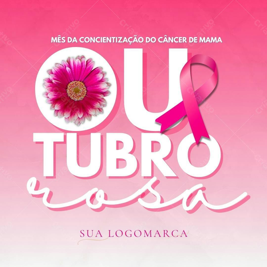 Post Instagram Outubro Rosa com flor Editável no Canva