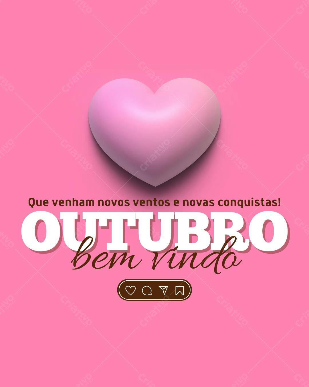 Post Instagram Outubro Rosa com coração 3D Editável no Canva