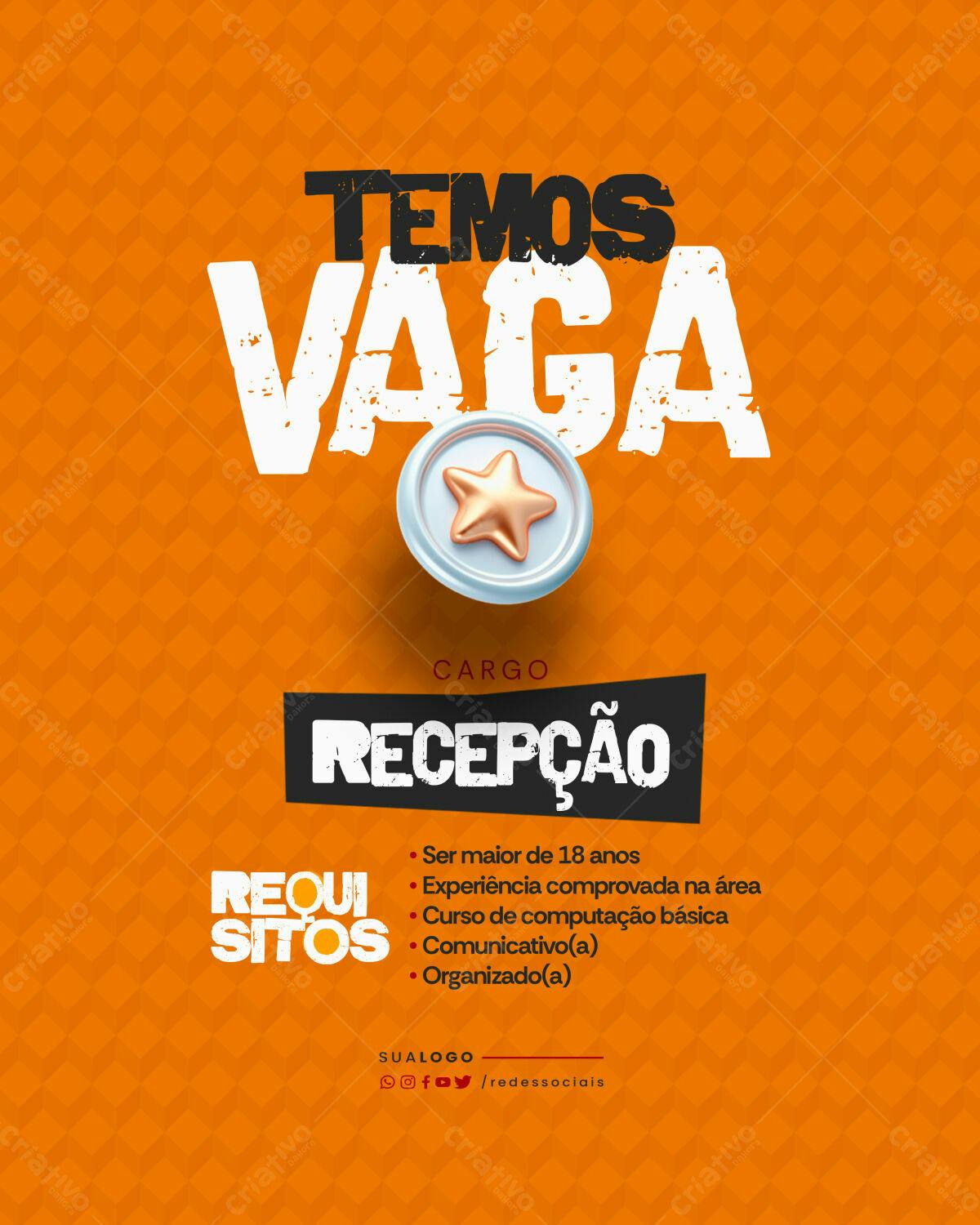 Flyer Vaga de Recepcionista PSD Editável