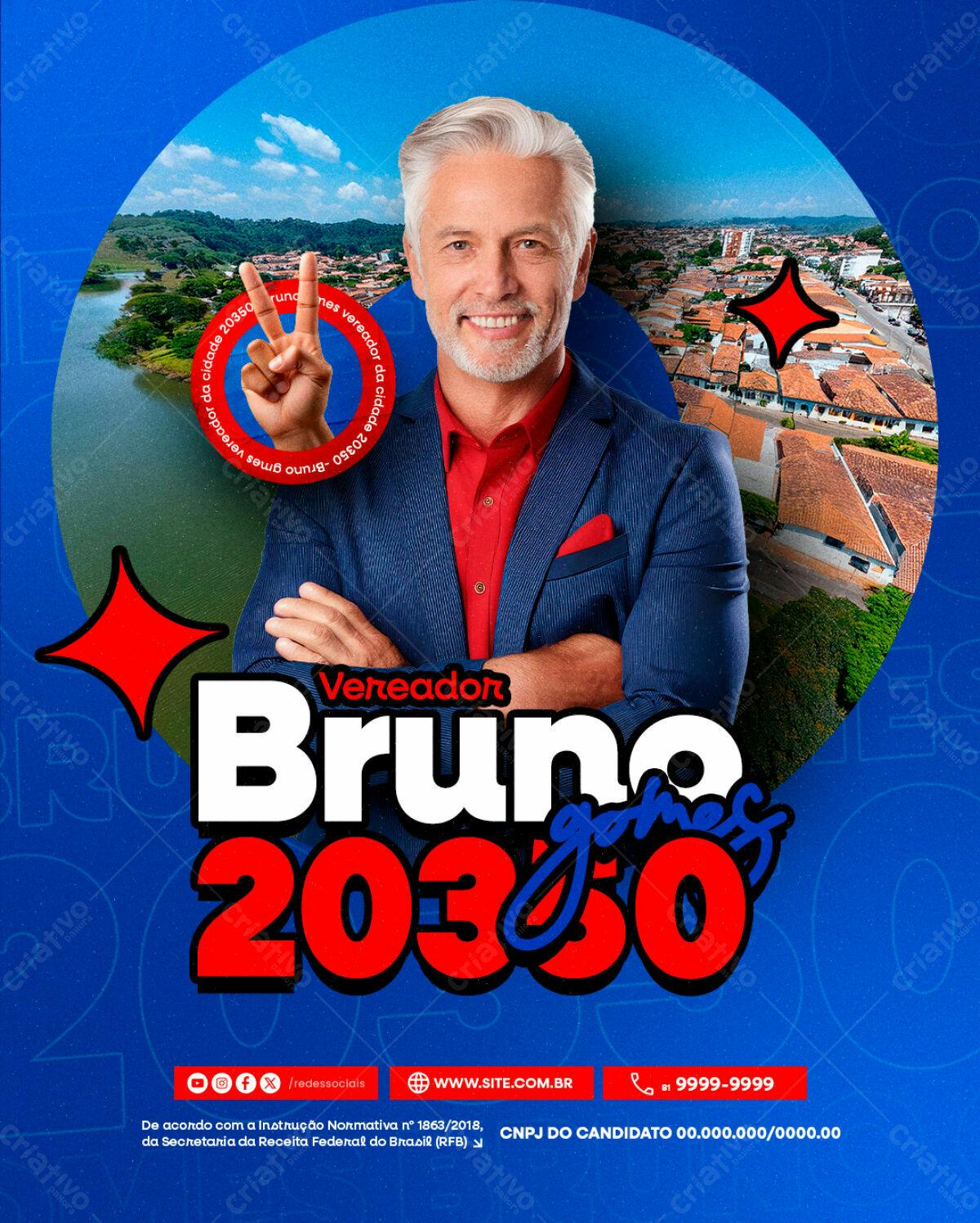 Flyer Eleições Vereador Bruno Gomes 20350 PSD Editável