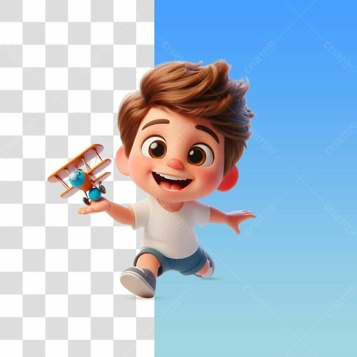 Personagem Cartoon Menino Correndo com Avião PSD Editável