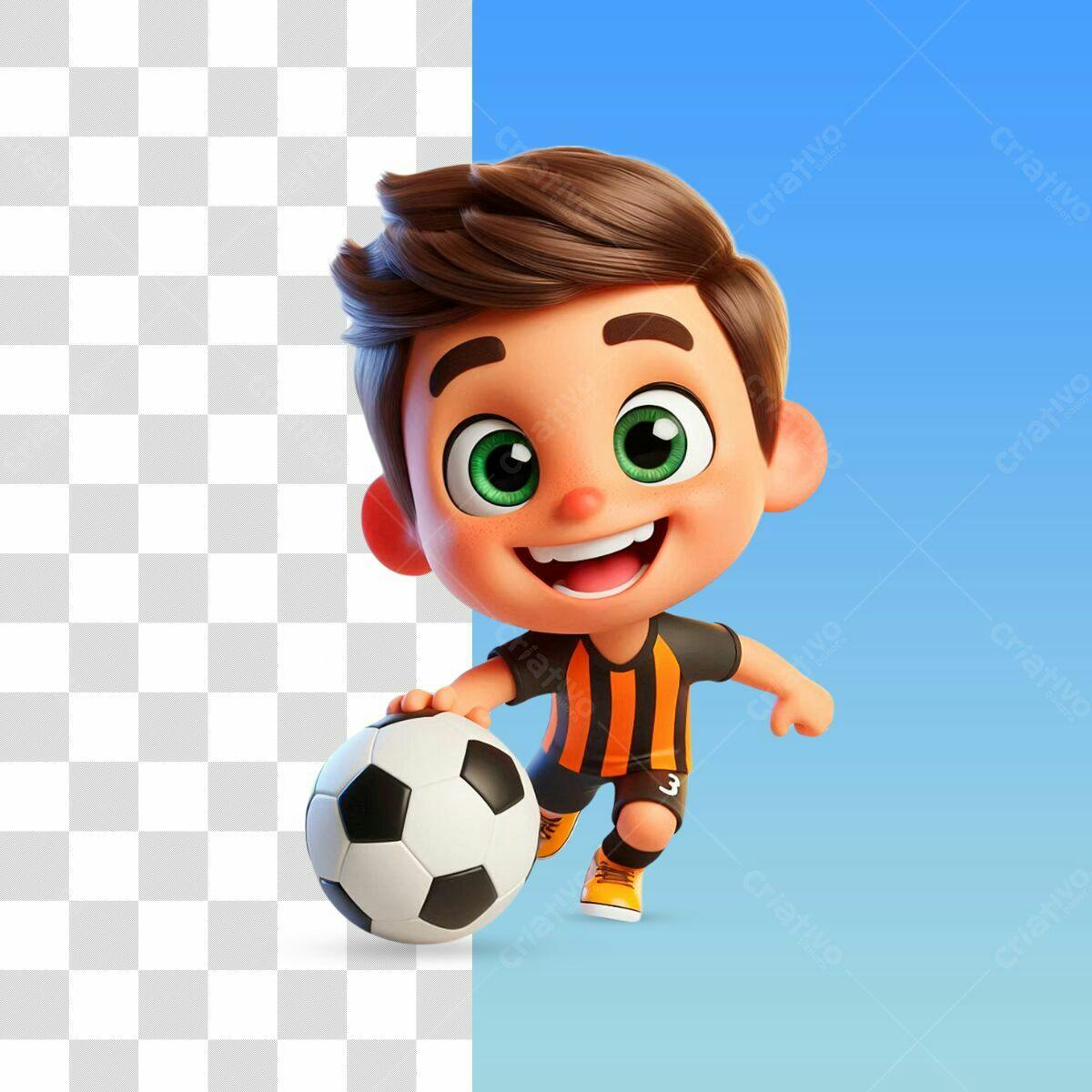 Personagem Cartoon Menino Jogando Futebol PSD Editável
