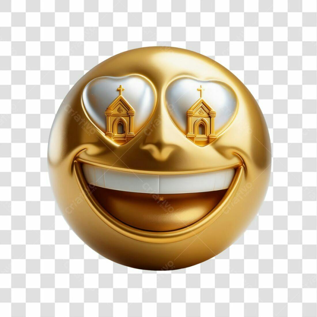 Emoticon dourado com igrejas nos olhos PNG com fundo transparente