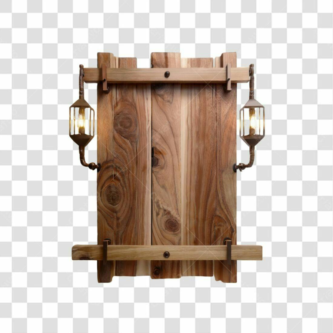 Placa de madeira rústica com lanternas PNG com fundo transparente