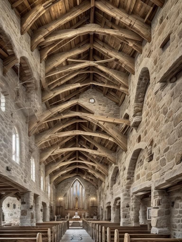 Interior de Igreja de Madeira e Pedra