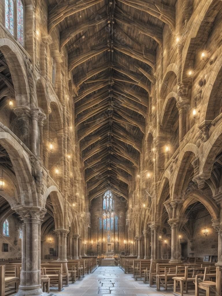 Interior de Igreja Gótica com Luz Dourada