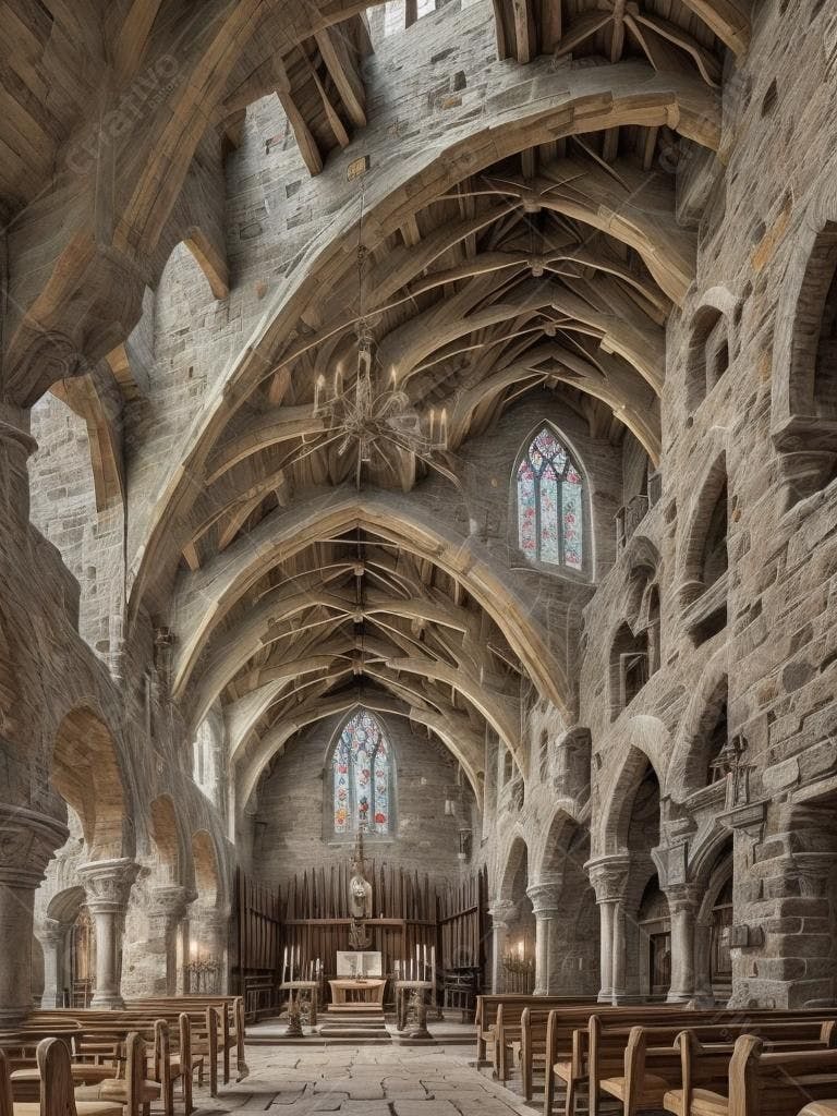 Interior de Igreja Medieval em Tons Terrosos