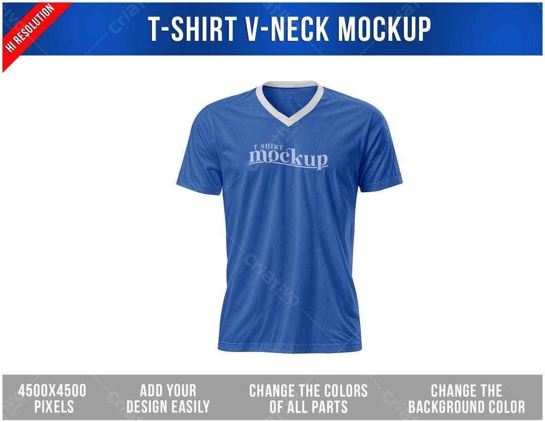 Mockup Camiseta Gola V Azul Royal: Design Realista