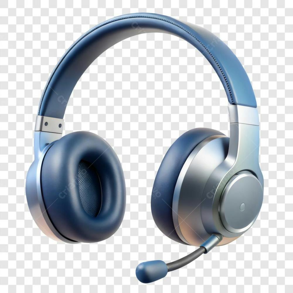 Fone De Ouvido Azul Metálico Headset Elemento 3D PNG IA