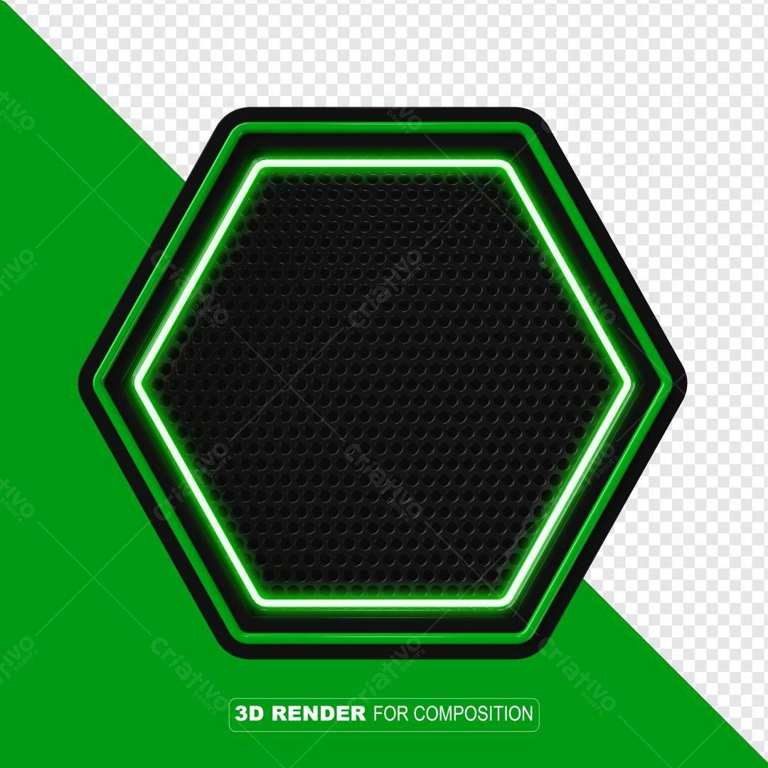 Selo 3D hexagonal verde e preto com detalhe neon