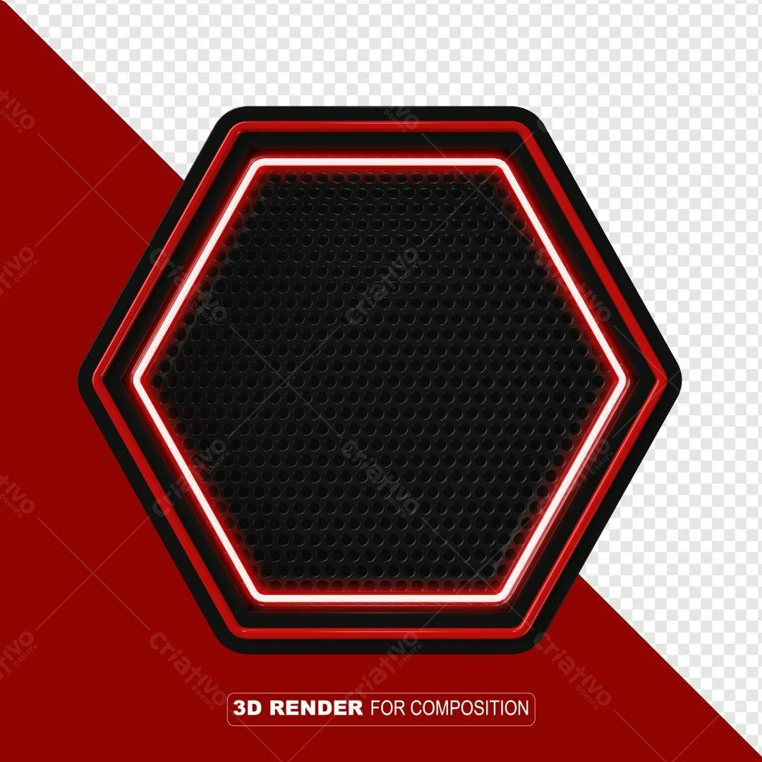 Selo 3D hexagonal vermelho e preto com detalhe neon