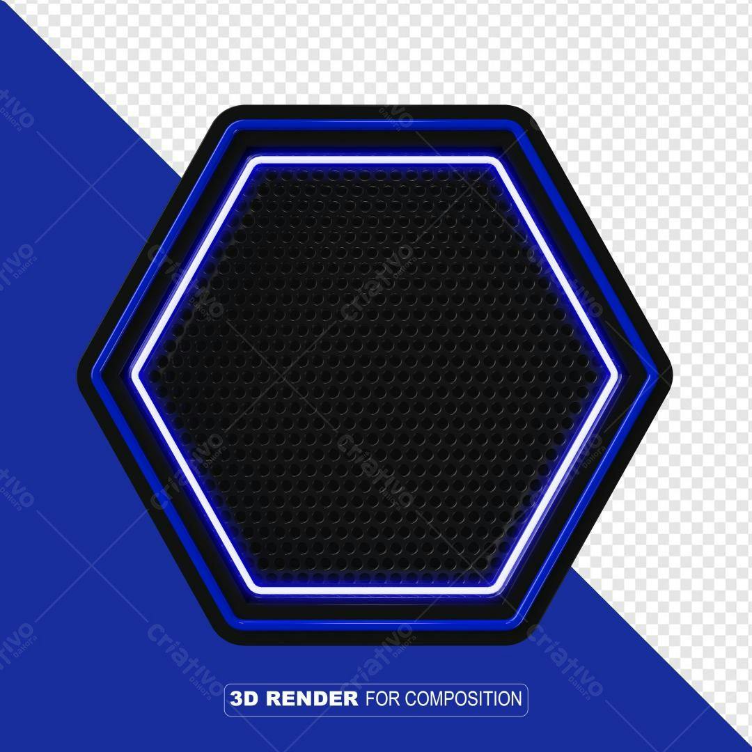 Selo 3D hexagonal preto e azul neon