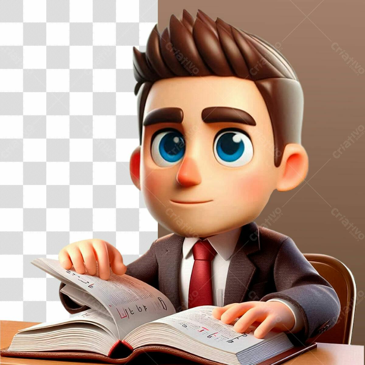 Personagem Cartoon Empresário Lendo Livro PSD Editável