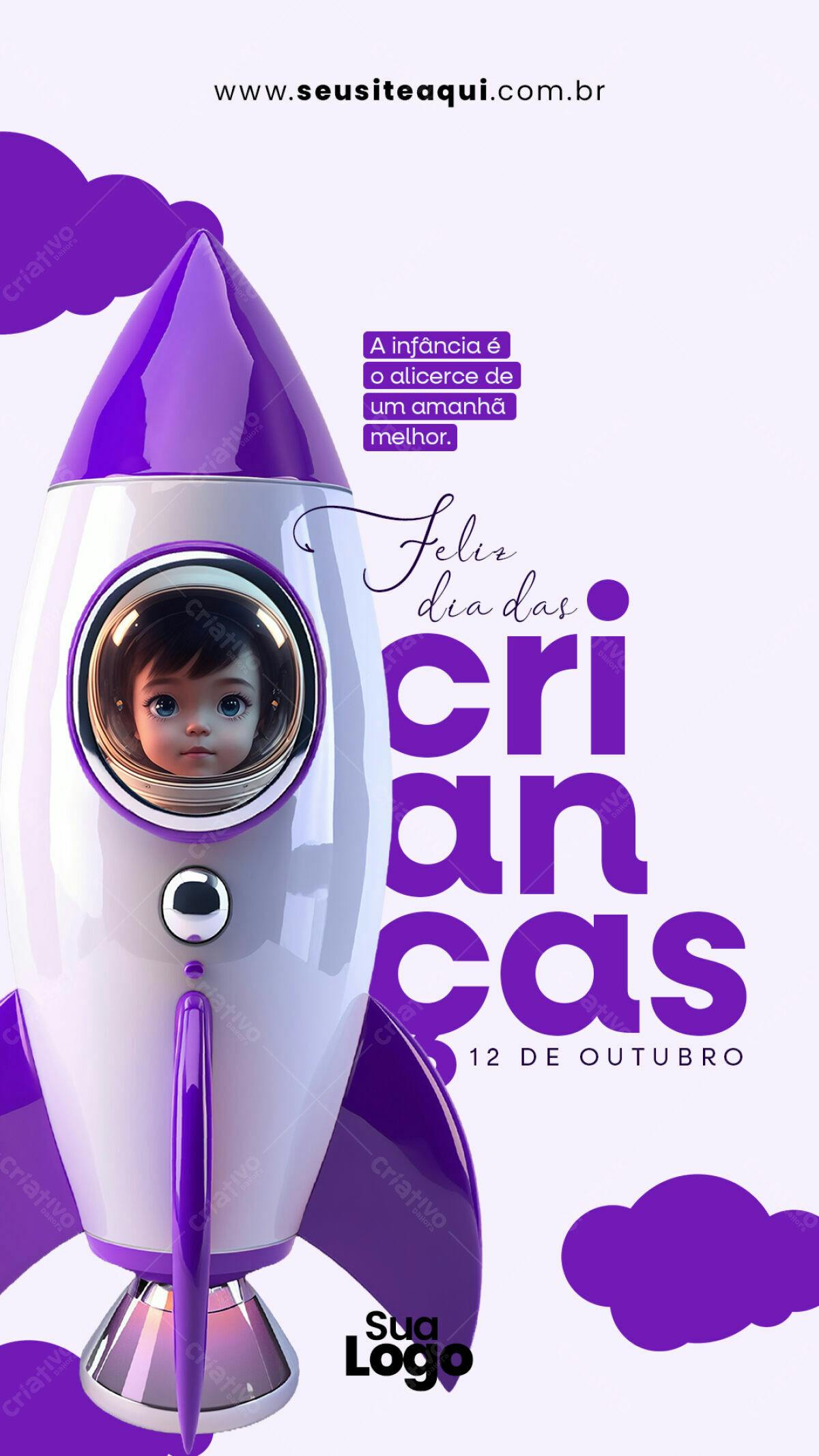 Flyer Dia das Crianças com Foguete Roxo PSD Editável