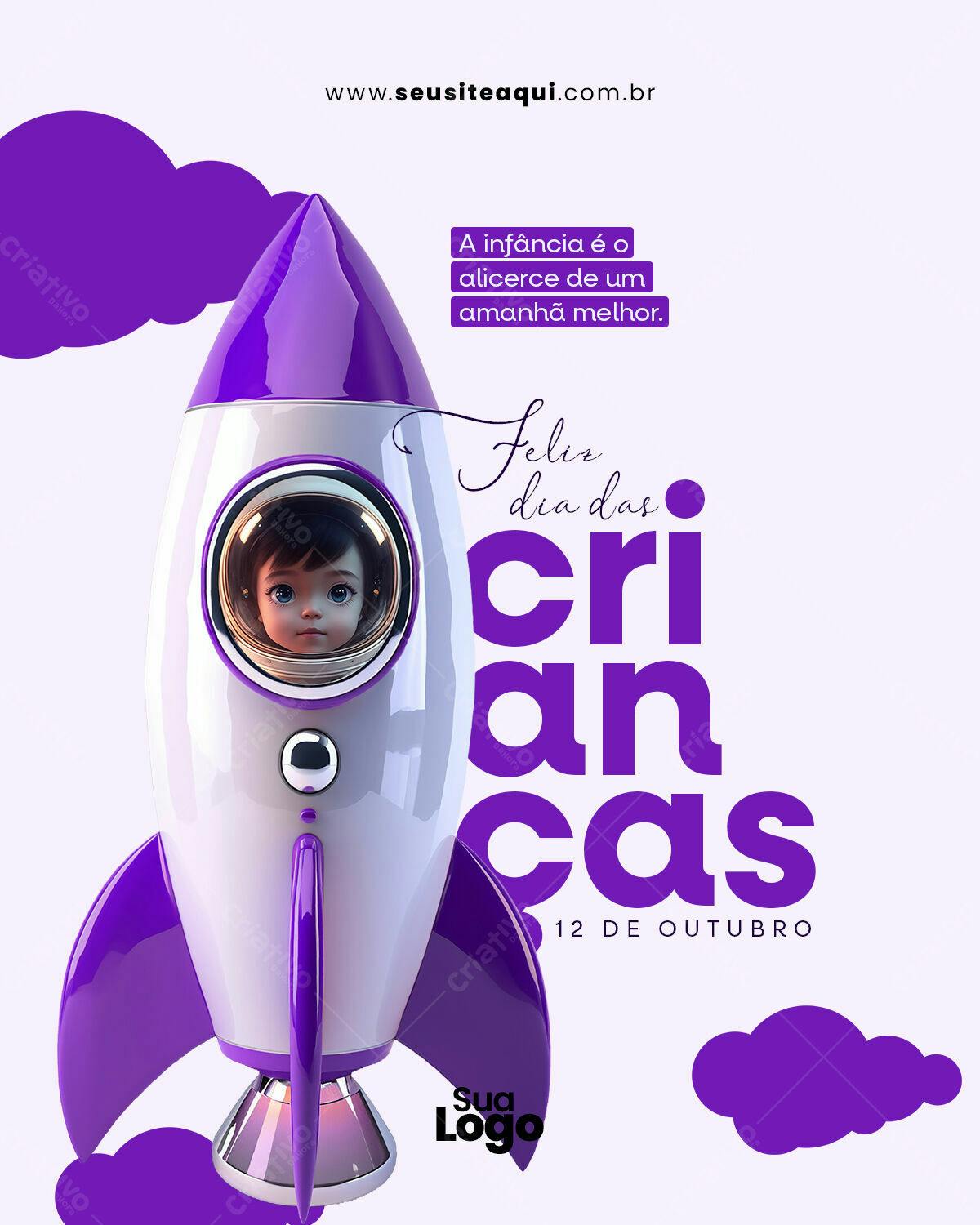 Flyer Dia das Crianças com Foguete PSD Editável