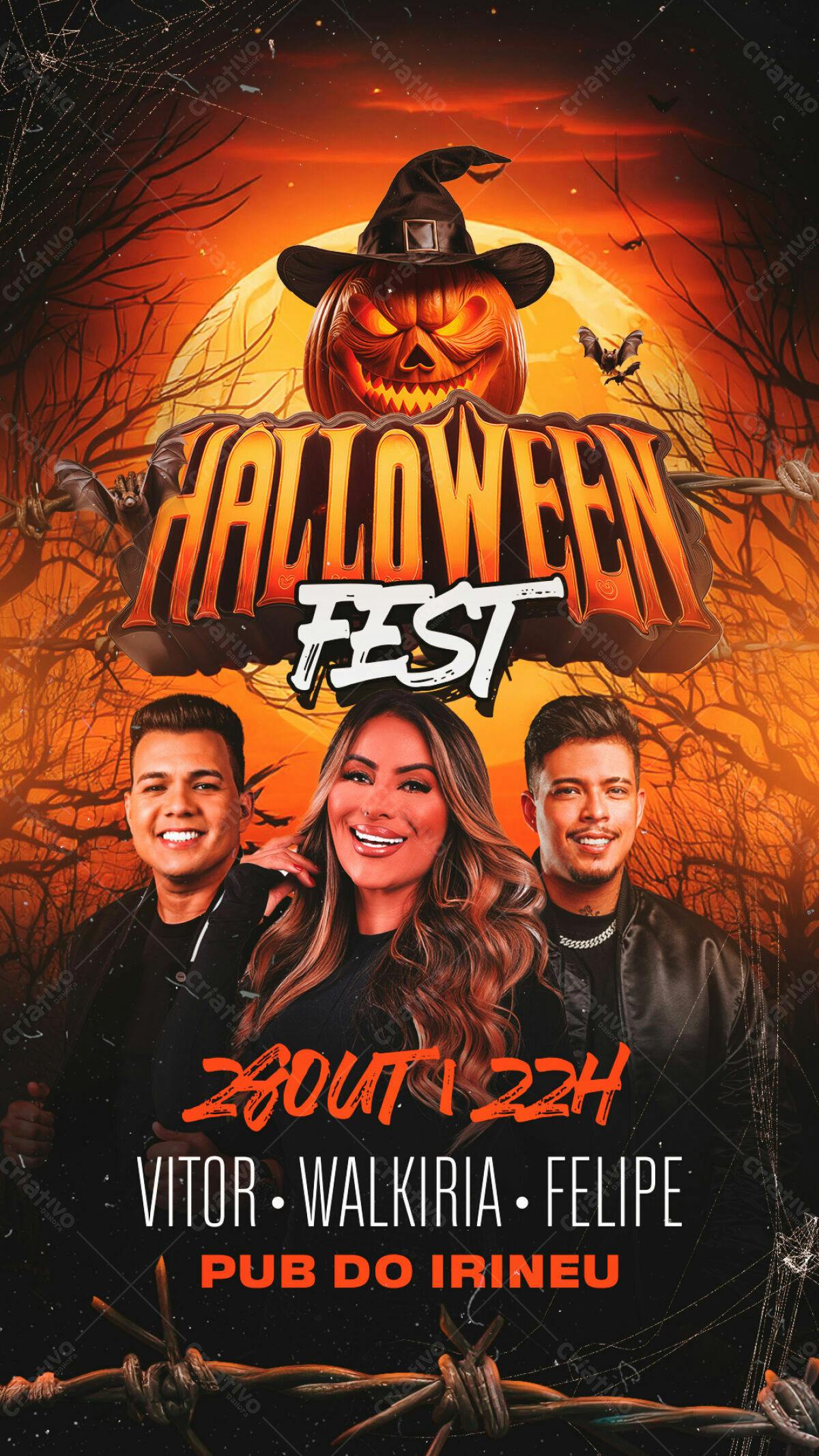 Flyer Festa Halloween com Vitor, Walkyria e Felipe PSD Editável