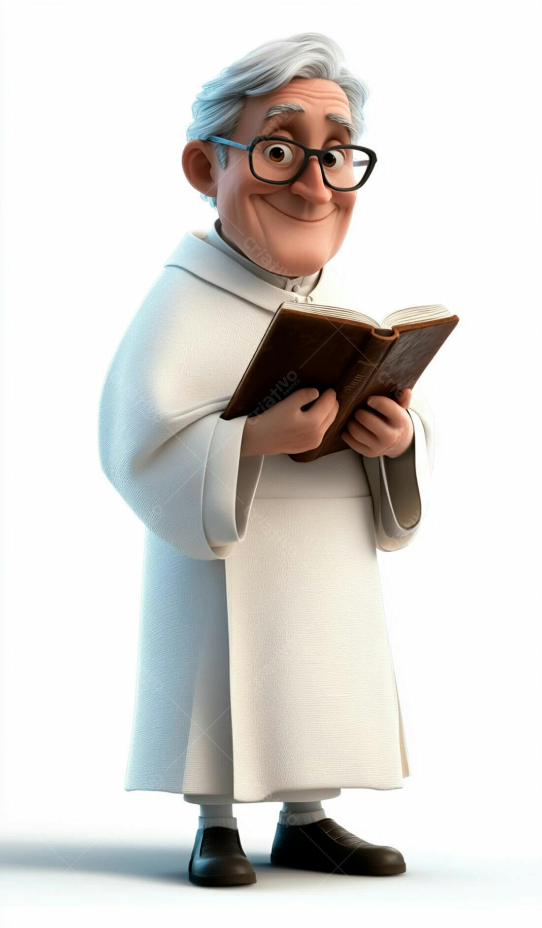 Padre sorridente lendo livro antigo