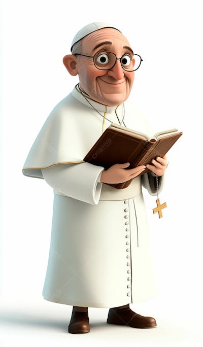 3D Pope With Gray Hair And Glasses Holding A Bible