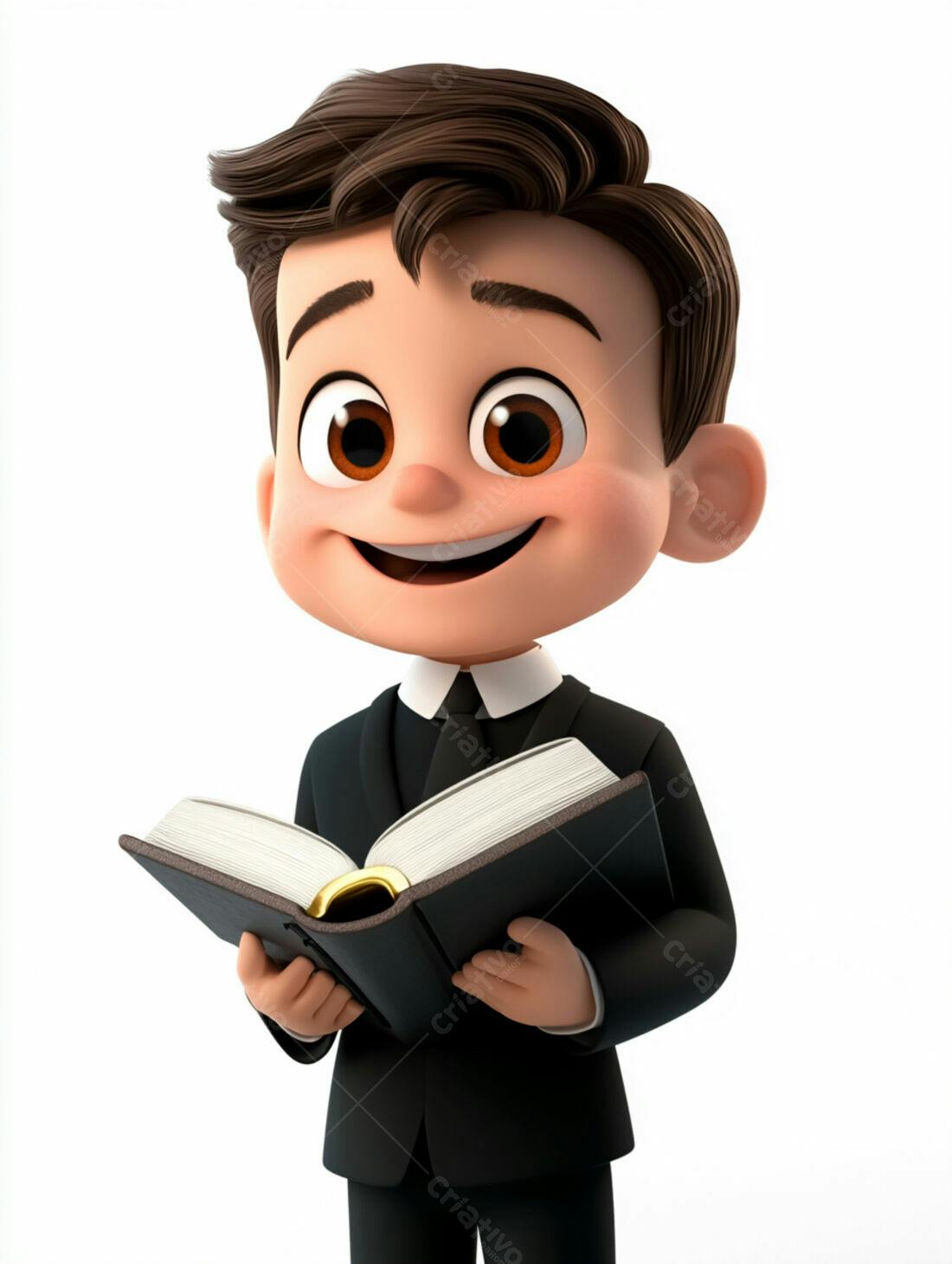 Menino lendo livro em terno preto