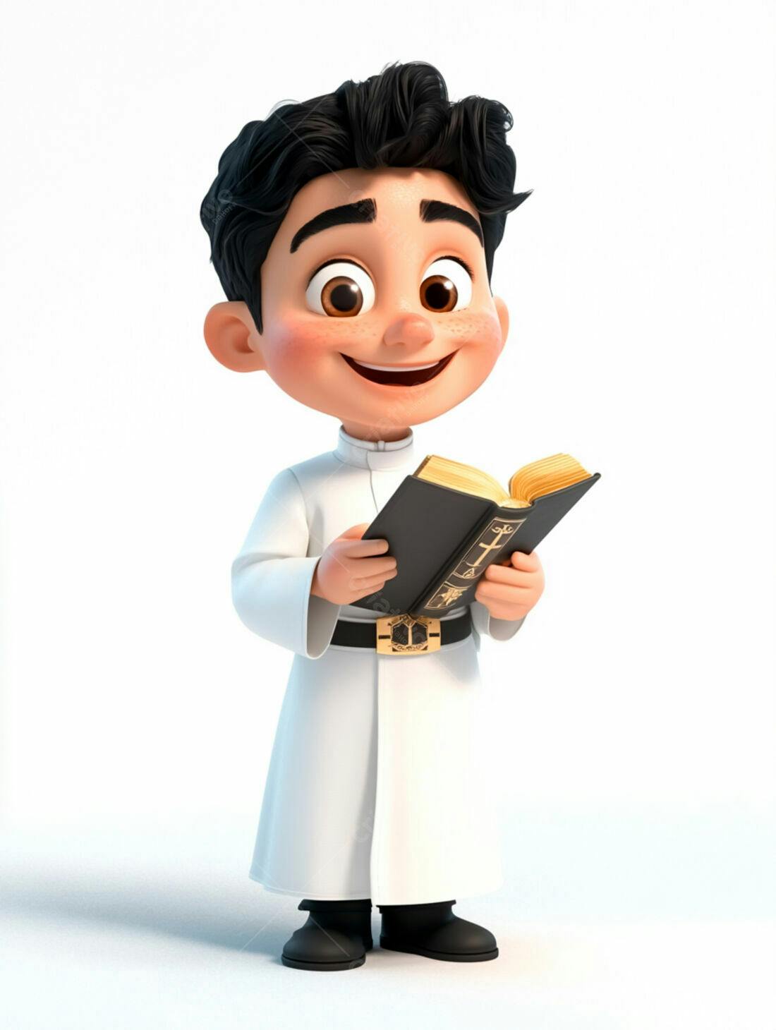 Menino lendo livro religioso em 3D