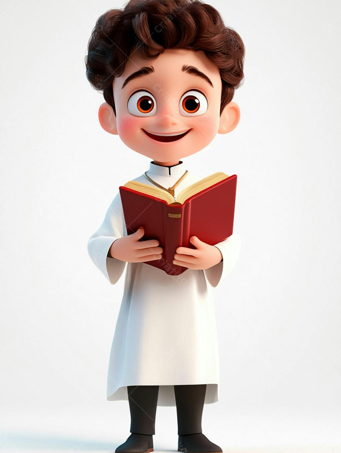 Menino sorridente lendo livro religioso