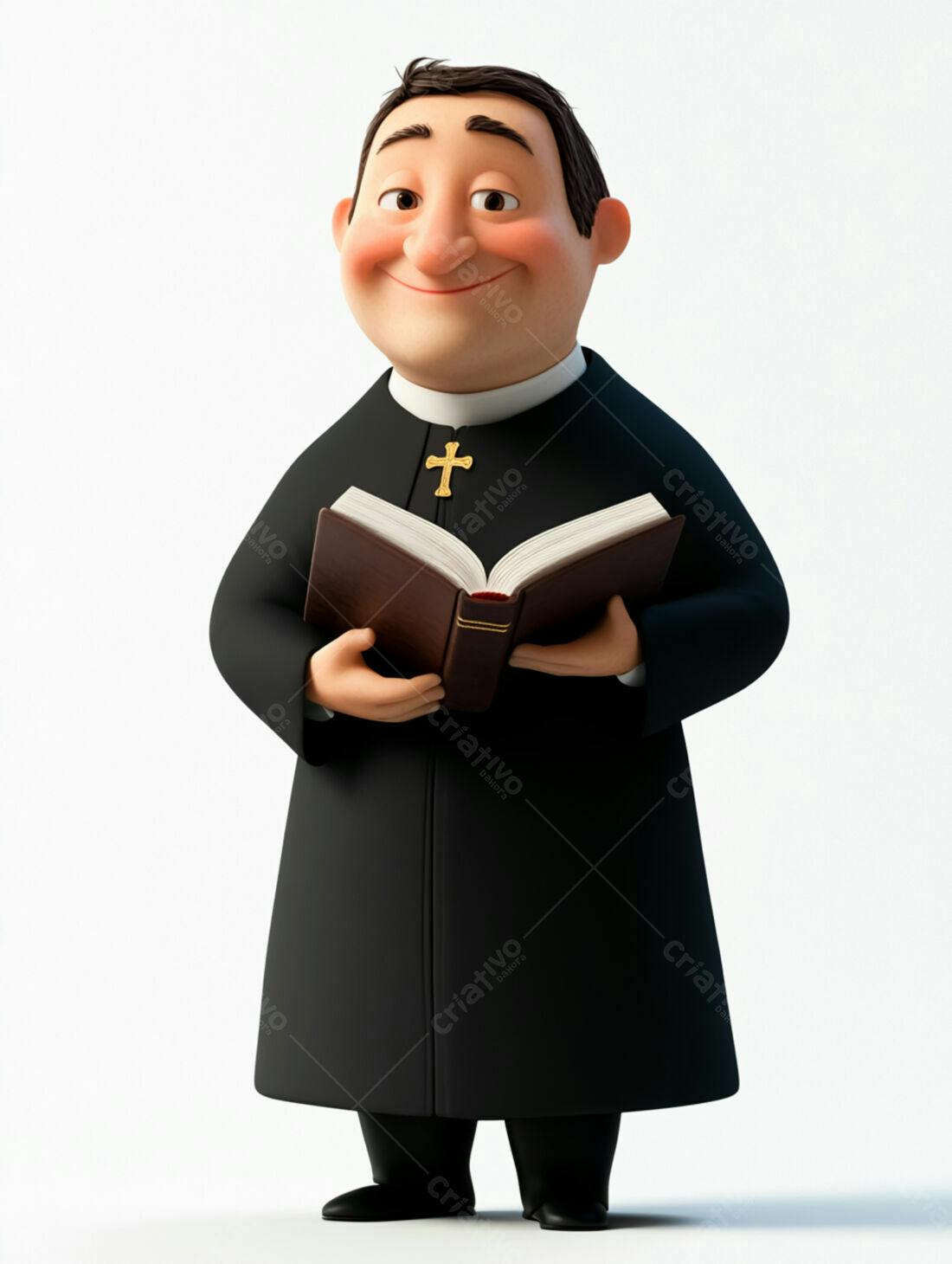 Padre sorridente segurando livro religioso