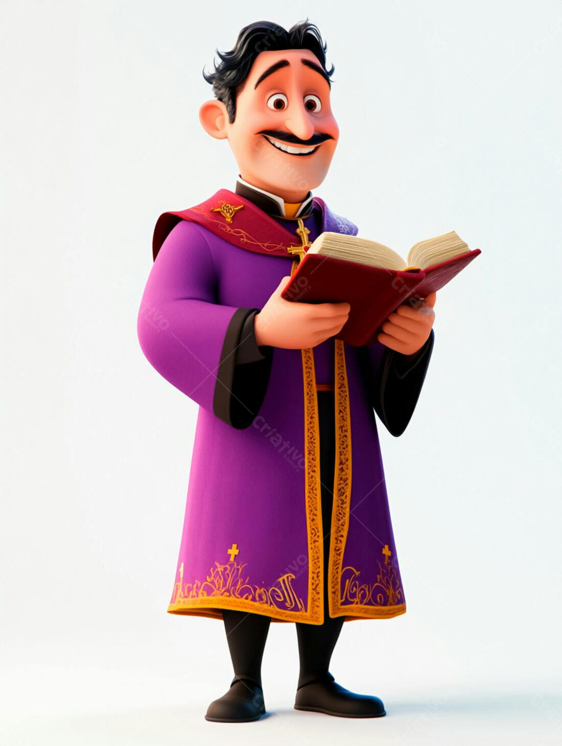 Personagem de desenho animado padre lendo livro