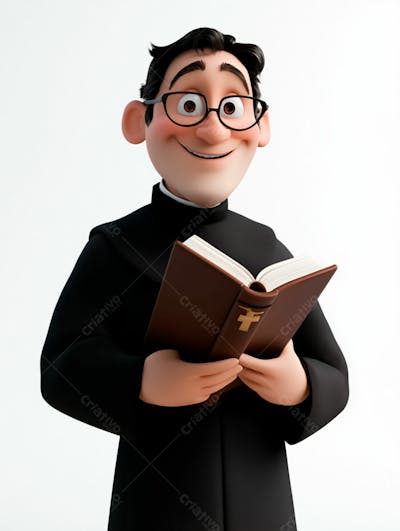 Jovem Padre Católico 3D Feliz Segurando Uma Bíblia