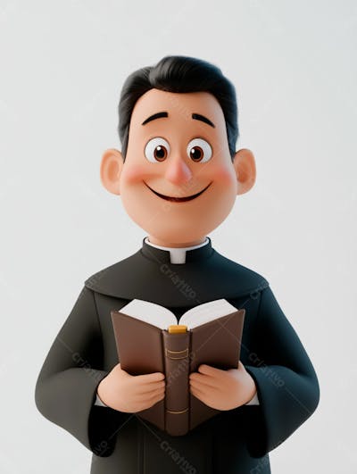 Jovem Padre Católico 3D Feliz Segurando Uma Bíblia